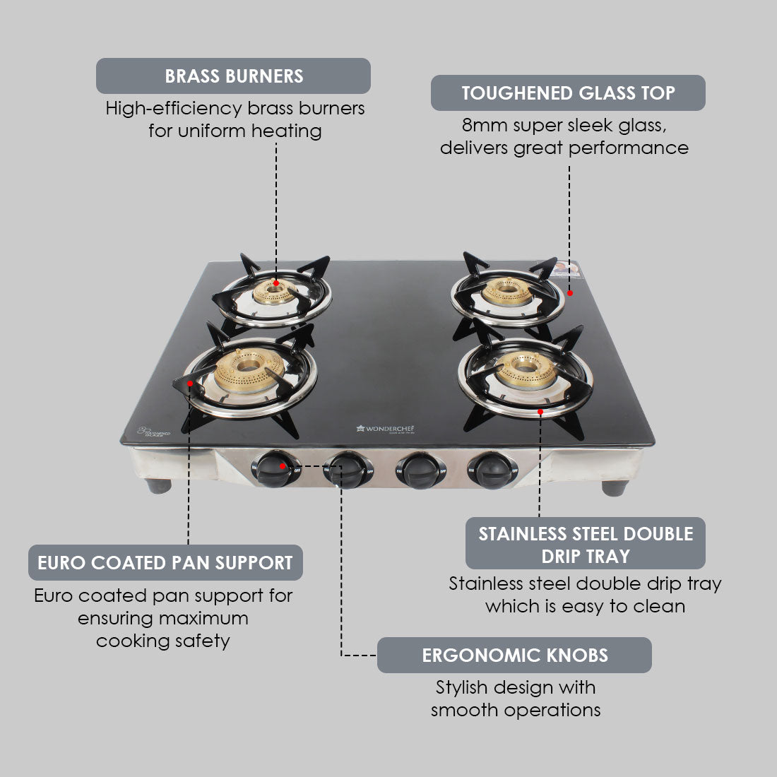 Energy 4 Burner Glass Cooktop, Black 8mm Toughened Glass with 1 Year Warranty, Soft Touch Knobs, Efficient Brass Burners, Stainless Steel Double Drip Tray