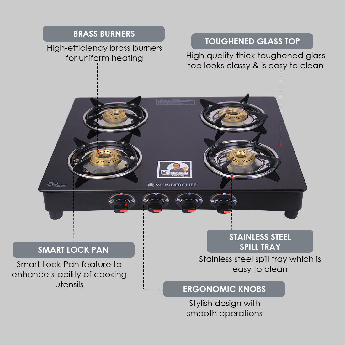 Ruby 4 Burner Glass Cooktop, Black Toughened Glass with 1 Year Warranty, Ergonomic Knobs, Heat-Efficient Brass Burners, Stainless-steel Spill Tray, Manual Ignition