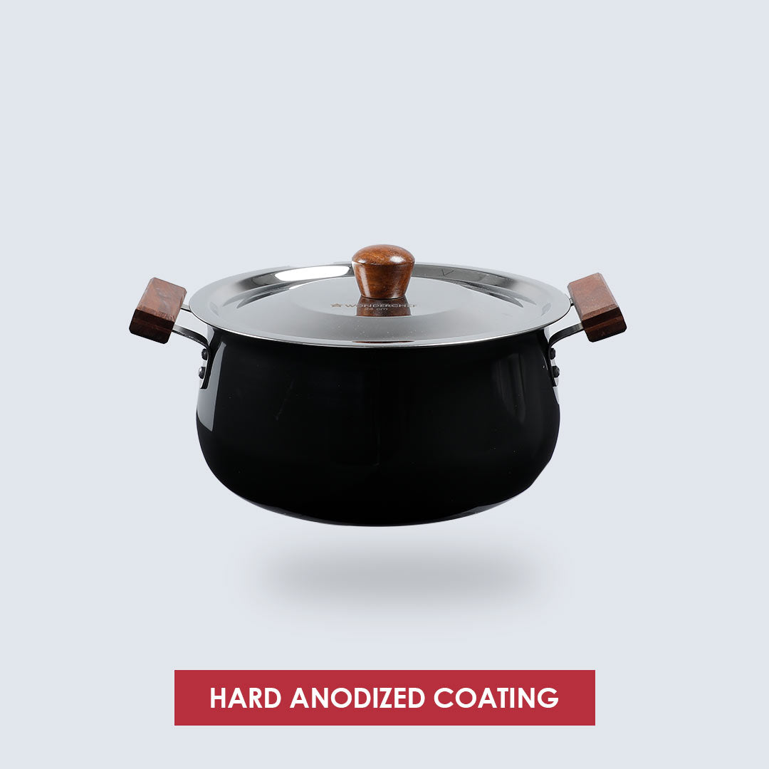 Ebony Handi with Lid, Induction Friendly, Wooden Handle, Hard Anodized Aluminium- 3.25mm, Black, 5 Years Warranty