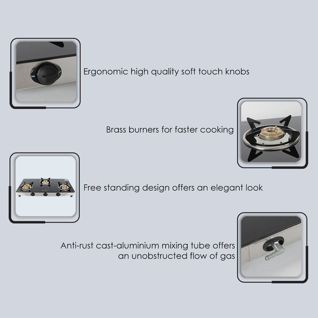 Energy 3 Burner Glass Cooktop, Black 8mm Toughened Glass with 1 Year Warranty, Soft Touch Knobs, Efficient Brass Burners, Stainless Steel Double Drip Tray