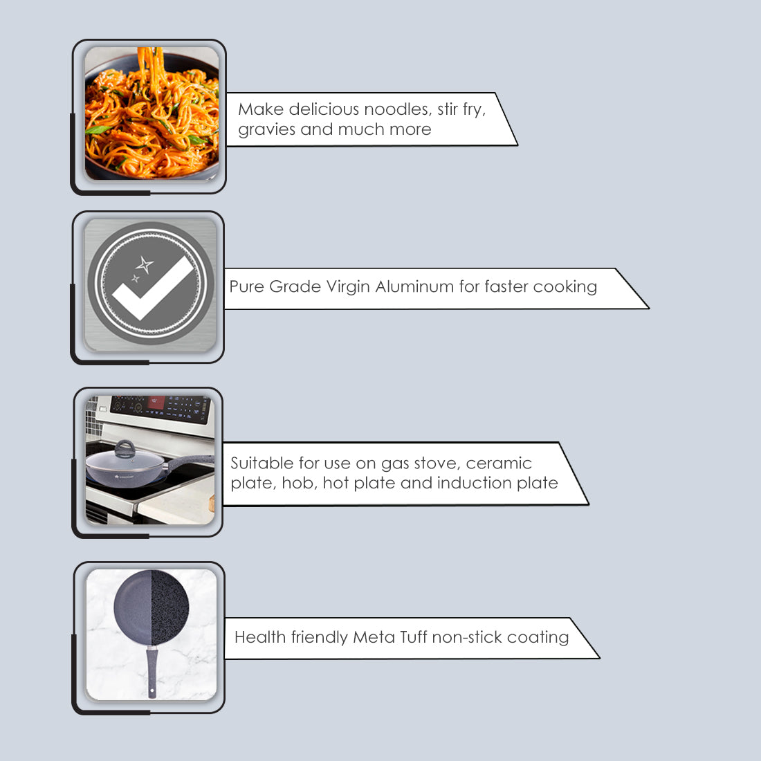 Granite Non-stick Wok, Induction bottom, Soft-touch handles, Virgin grade aluminium, PFOA/Heavy metals free, 3.5mm, 2 years warranty, Grey