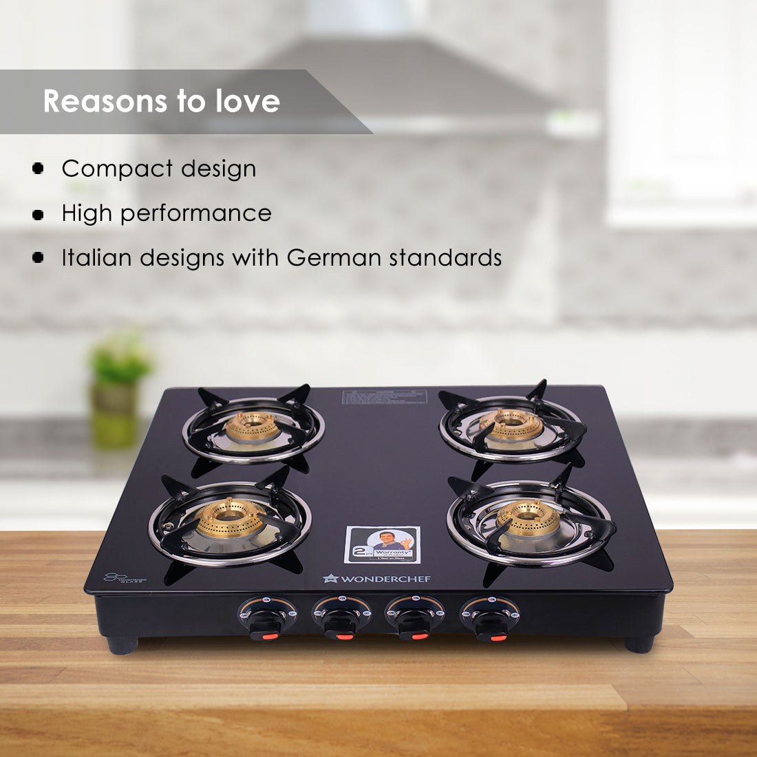 Ruby 4 Burner Glass Cooktop, Black Toughened Glass with 1 Year Warranty, Ergonomic Knobs, Heat-Efficient Brass Burners, Stainless-steel Spill Tray, Manual Ignition