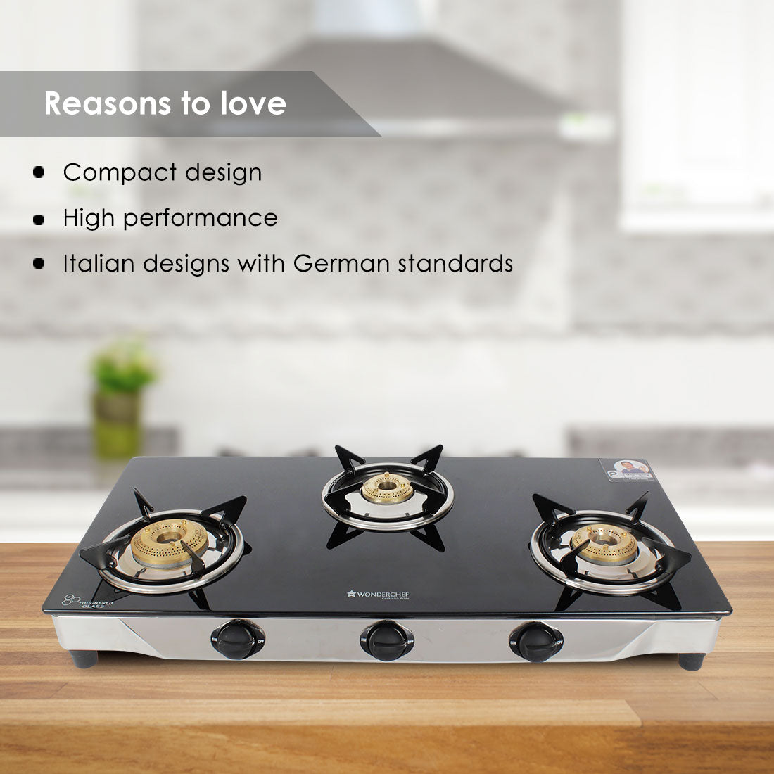 Energy 3 Burner Glass Cooktop, Black 8mm Toughened Glass with 1 Year Warranty, Soft Touch Knobs, Efficient Brass Burners, Stainless Steel Double Drip Tray