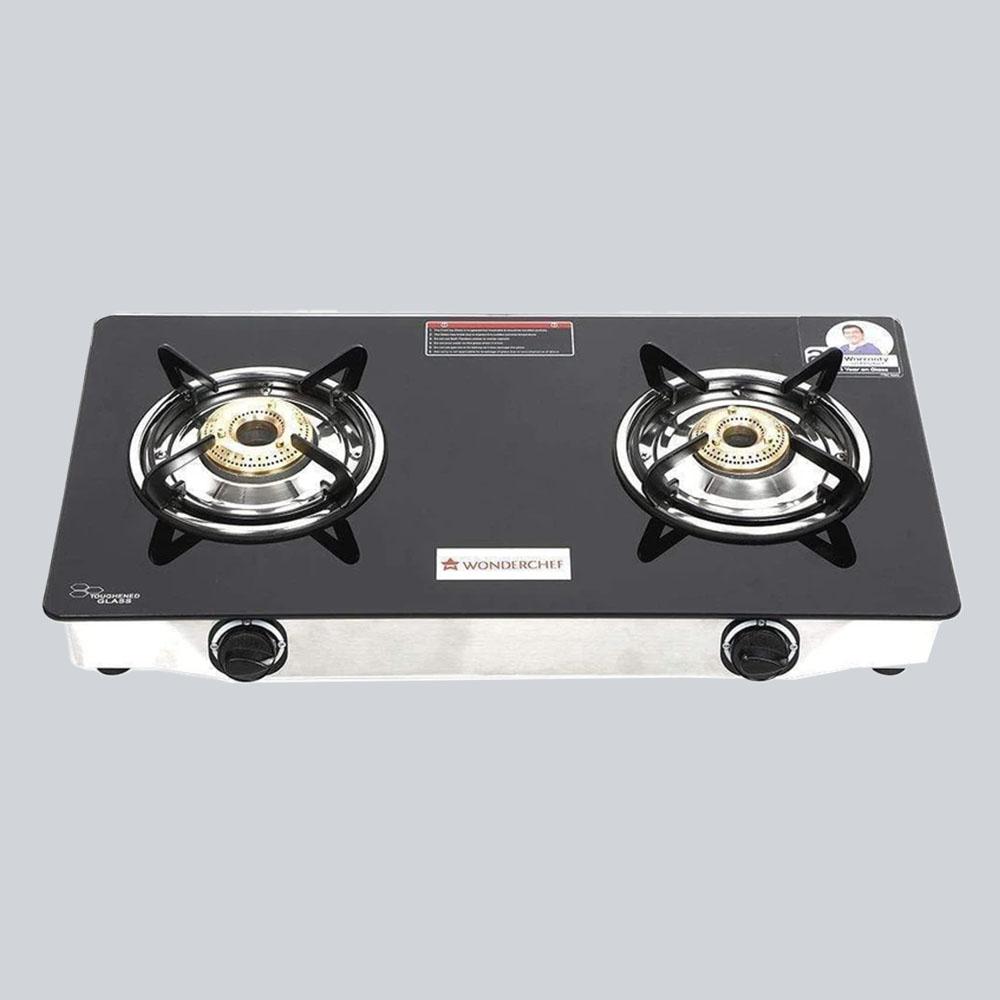 Zest 2 Burner Glass Cooktop, Black 7mm Toughened Glass with 1 Year Warranty, Ergonomic Knobs, Efficient Brass Burners, Stainless-steel Spill Tray, Manual Ignition