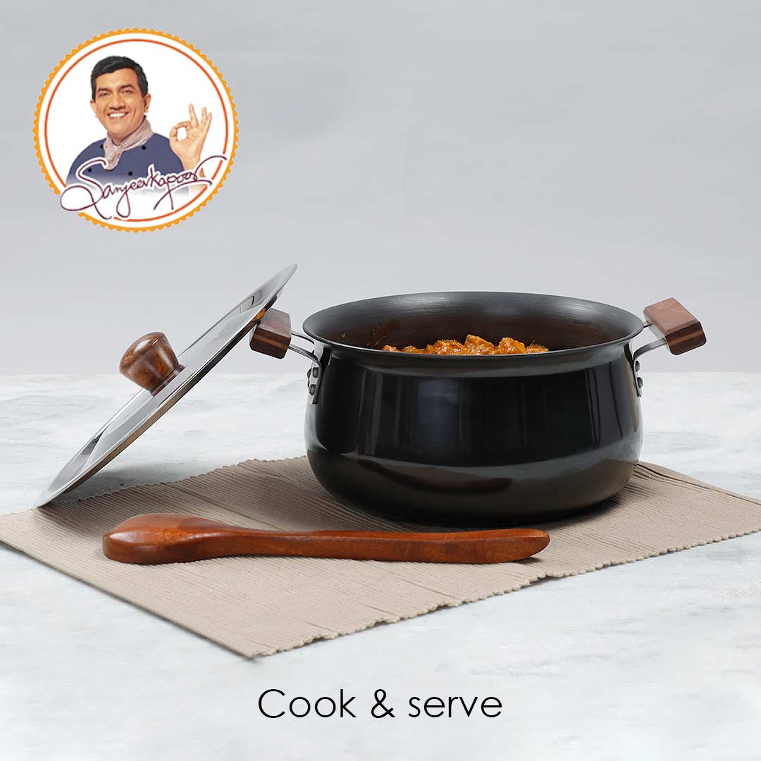 Ebony Handi with Lid, Induction Friendly, Wooden Handle, Hard Anodized Aluminium- 3.25mm, Black, 5 Years Warranty
