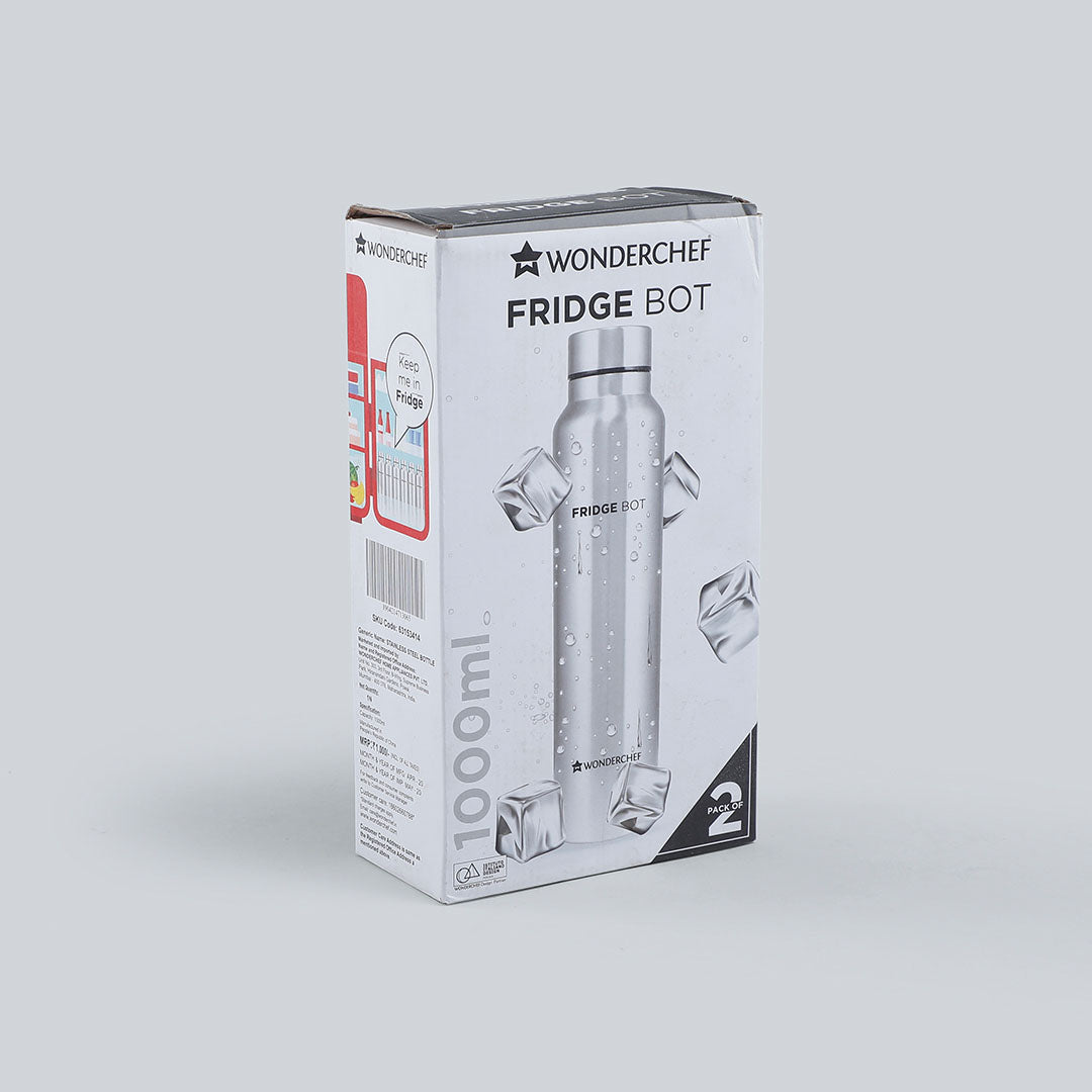Fridge-Bot, 1000ml (Pack Of 2), Stainless Steel Single Wall Water Bottle, Spill & Leak Proof, 2 Years Warranty
