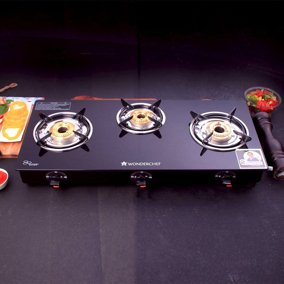 Wonderchef Ruby Black 3 Burner Glass Cooktop - Wonderchef