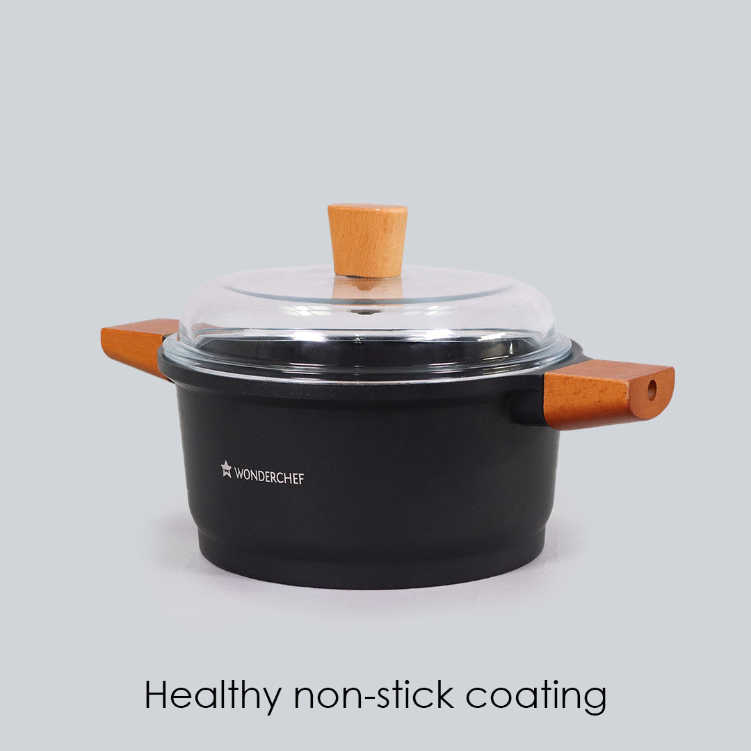 Caesar Non-Stick Casserole with Lid, German Beechwood Handle, Pure Grade Aluminium, Induction Bottom, 5mm, Black, 5 Years Warranty