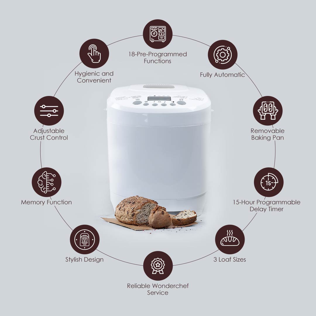 Regalia Plus Atta Kneader & Bread Maker, Fully Automatic, 18 Pre-programmed Functions, Adjustable Crust Control, 2 Years Warranty, 600W - White