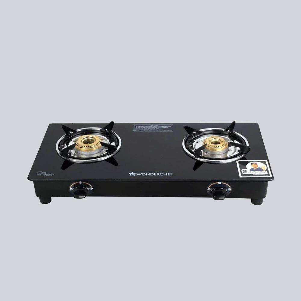 Ruby 2 Burner Glass Cooktop, Black 7mm Toughened Glass with 1 Year Warranty, Ergonomic Knobs, Efficient Brass Burners, Stainless-steel Spill Tray, Manual Ignition