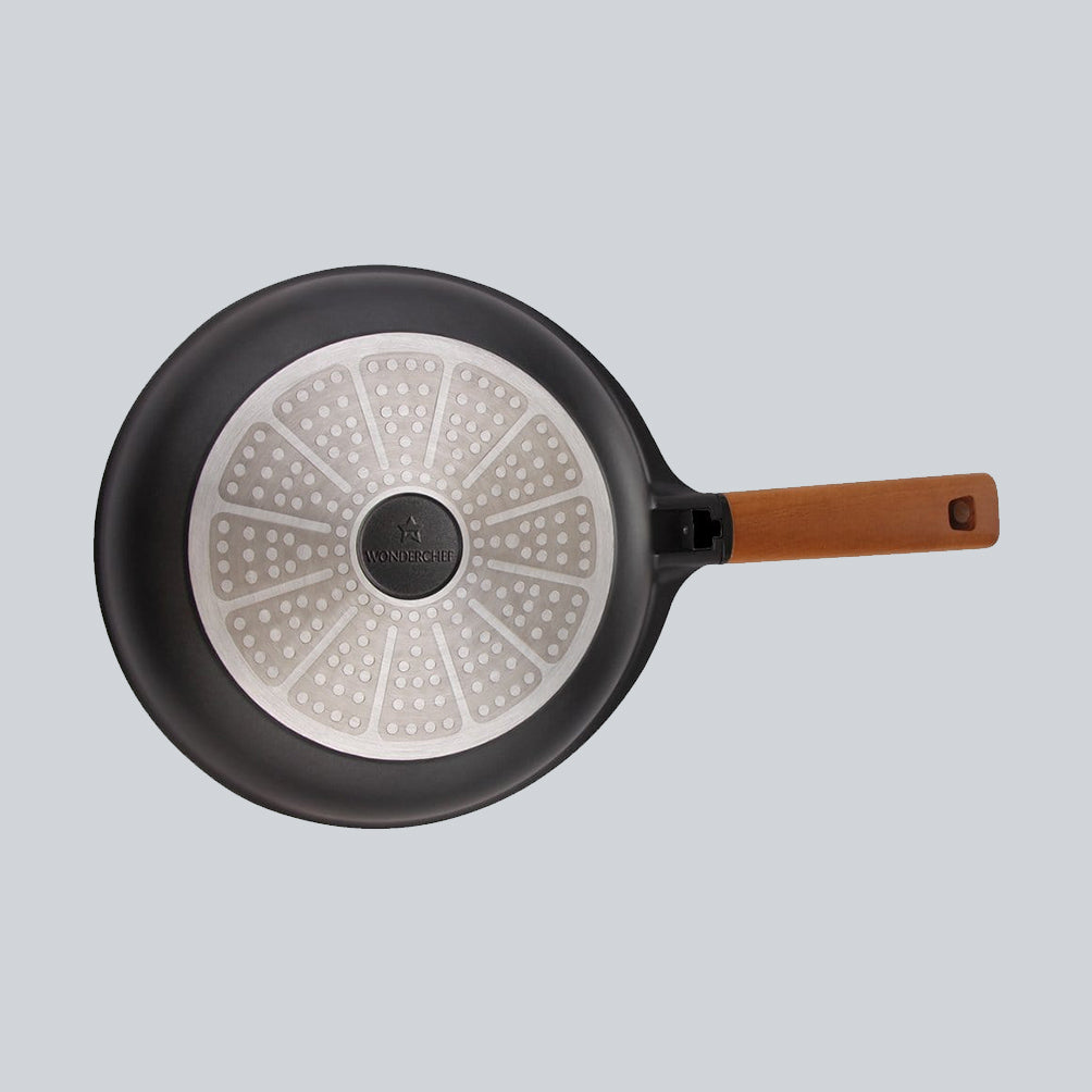 Caesar Non-stick Fry Pan, Induction Bottom, Wooden Handle, Pure Grade Aluminium-24cm, 1.7L, 5mm, 5 Years Warranty, Black