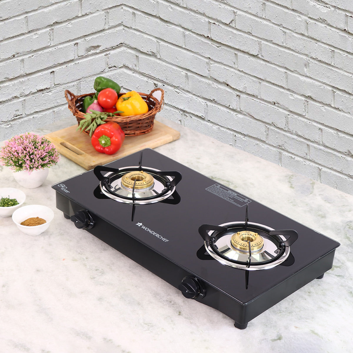 Glory 2 Burner Glass Cooktop, Stainless Steel Drip Tray, Black Toughened Glass with 2 Year Warranty, Manual Ignition Gas Stove