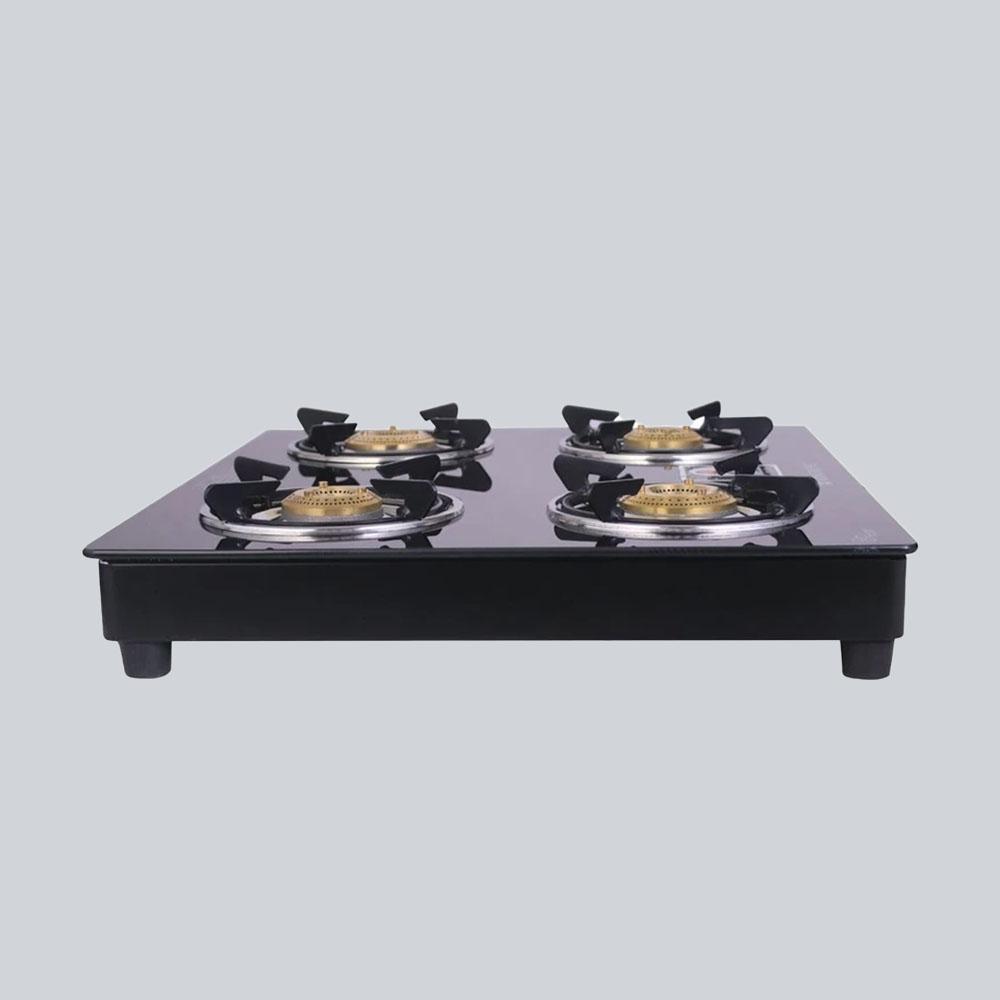Ruby 4 Burner Glass Cooktop, Black Toughened Glass with 1 Year Warranty, Ergonomic Knobs, Heat-Efficient Brass Burners, Stainless-steel Spill Tray, Manual Ignition