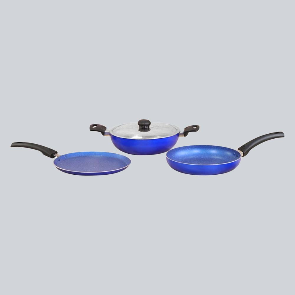 Trendy Nonstick Set,  4Pc (Kadhai With Stainless Steel Lid, Frying Pan, Dosa Tawa), Cool Touch Handles, Pure Grade Aluminium, PFOA Free, 2 Years Warranty, Blue