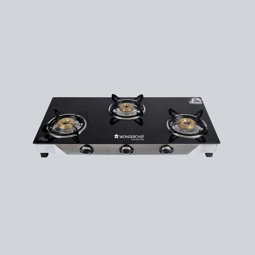 Energy 3 Burner Glass Cooktop, Black 8mm Toughened Glass  with 1 Year Warranty, Soft Touch Knobs, Efficient Brass Burners, Stainless Steel Double Drip Tray