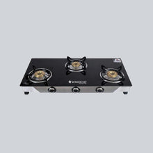 Load image into Gallery viewer, Energy 3 Burner Glass Cooktop, Black 8mm Toughened Glass  with 1 Year Warranty, Soft Touch Knobs, Efficient Brass Burners, Stainless Steel Double Drip Tray