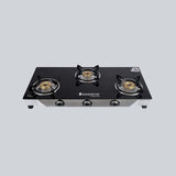 Energy 3 Burner Glass Cooktop, Black 8mm Toughened Glass  with 1 Year Warranty, Soft Touch Knobs, Efficient Brass Burners, Stainless Steel Double Drip Tray