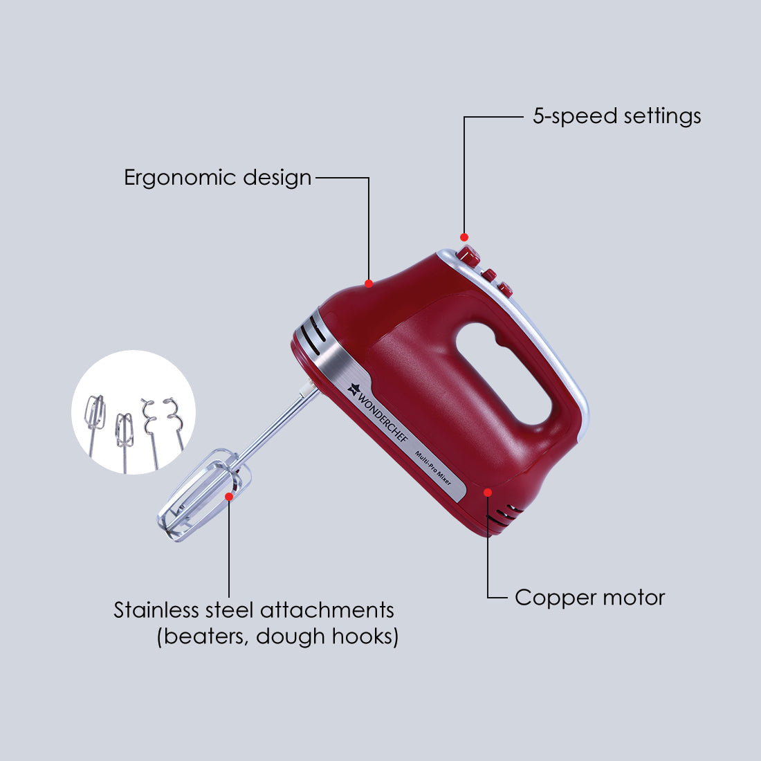 Hand Mixer Crimson Edge, 5 Speed Setting with Stainless Steel Beaters and Dough Hooks, 2 Years Warranty, 300W, Red