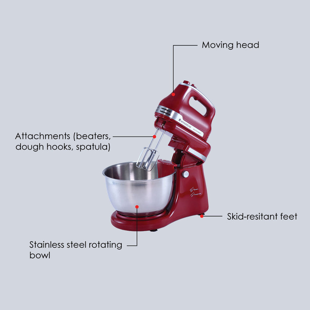 Stand Mixer, Beater And Dough Kneader Crimson Edge, 3 Attachments, 5 Speed Setting, 4.5L Bowl, 2 Years Warranty, 300W – Red