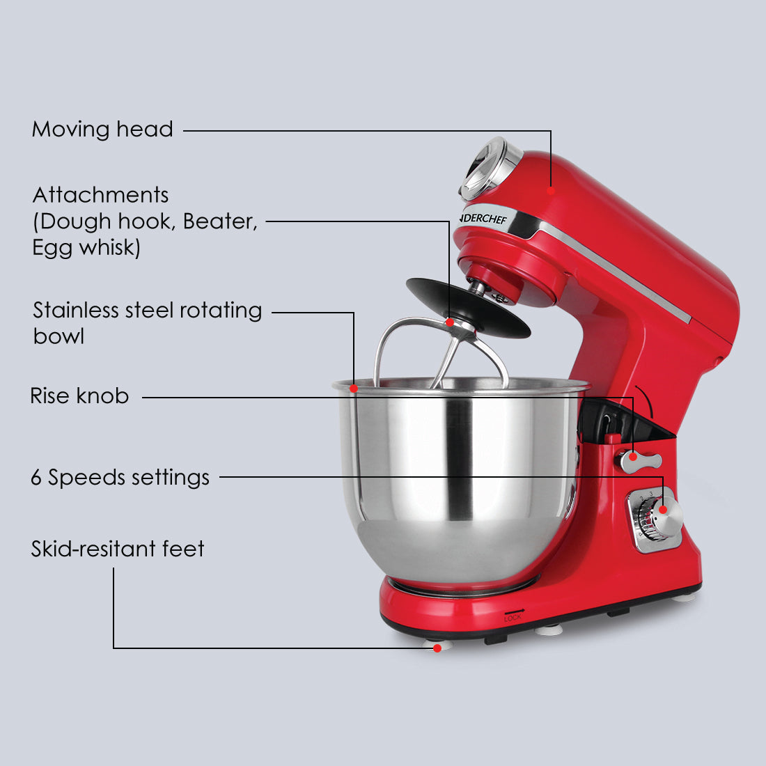 Crimson Edge Die-cast Metal Stand Mixer, 5.7L bowl, 6-speed setting, 1000W, Bakeware, Skid Resistant