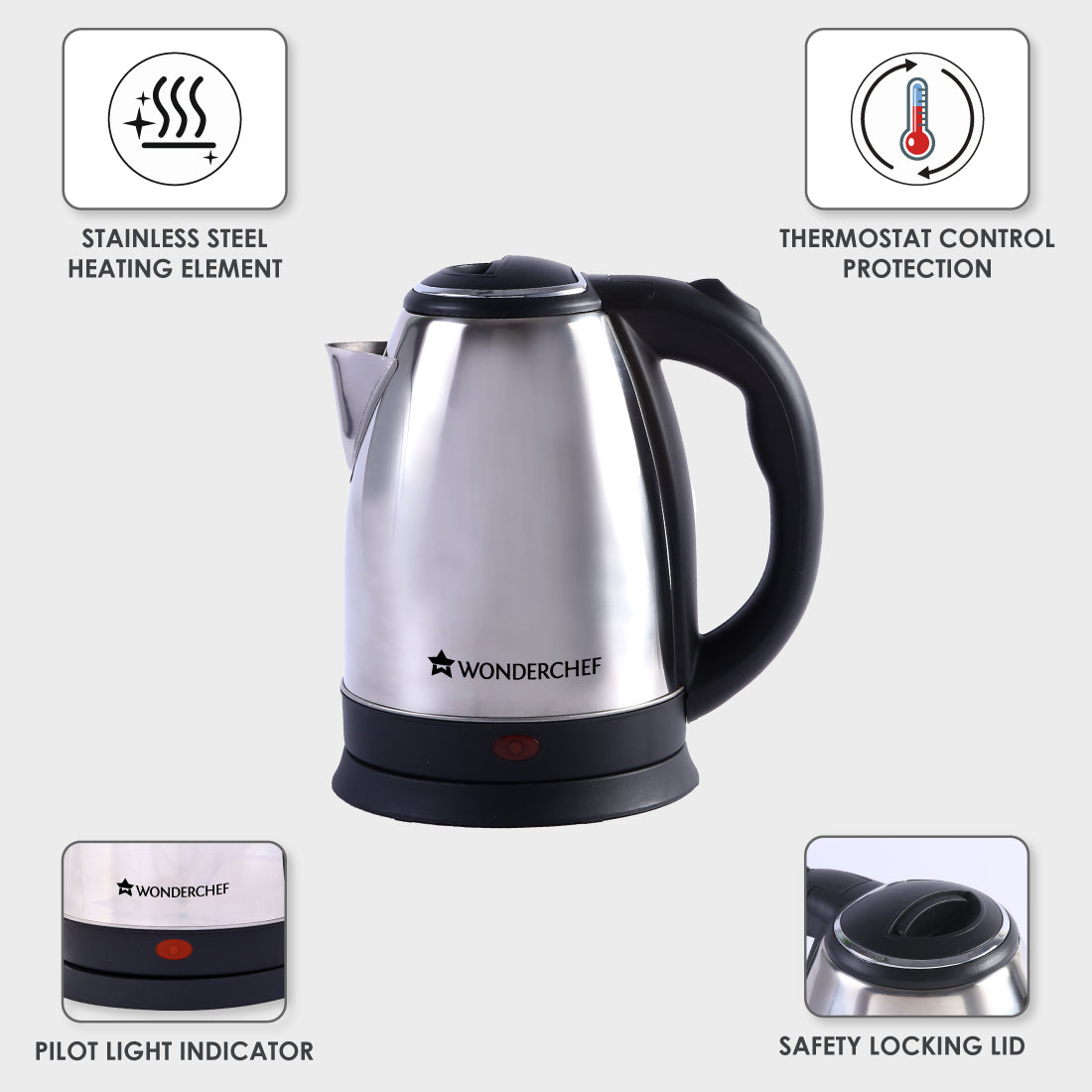 Crescent Electric Kettle, Stainless Steel Interior, Safety Locking Lid- 1.8L, 1800W, 2 Years Warranty