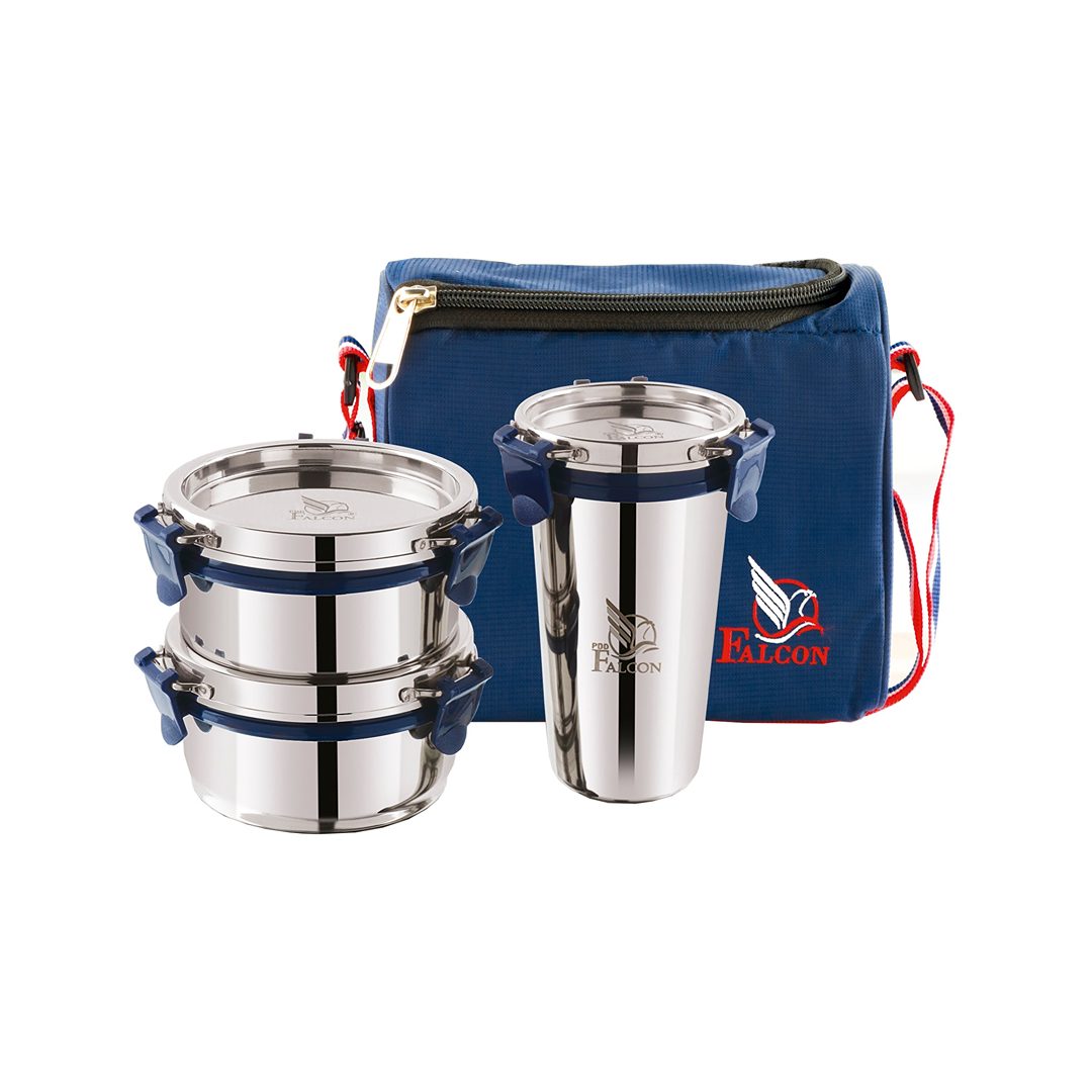 Pdd Falcon Steel Lunch Box Set of 3 Trio, Blue - 970 ML with 1 Year Warranty