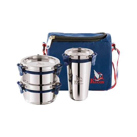 Pdd Falcon Steel Lunch Box Set of 3 Trio, Blue - 970 ML with 1 Year Warranty