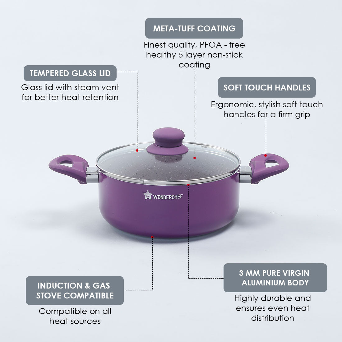 Royal Velvet Non-stick Casserole with Lid, Induction Bottom, Soft Touch Handle, Pure Grade Aluminium, PFOA/Heavy Metals Free- 3mm, 2 Years Warranty, Purple