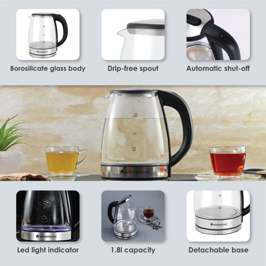 Azure Electric Glass Kettle, 1.8L, Borosilicate Glass Body, Stainless Steel Heating Plate, 1500W, 1 Year Warranty