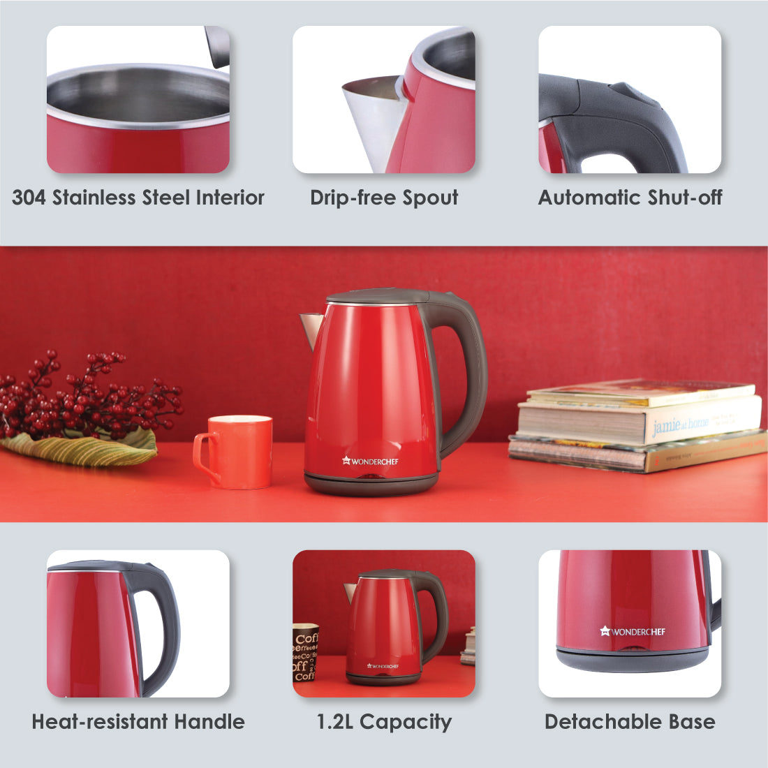 Electric Kettle Crimson Edge, 1.2 Litres, Stainless Steel Interior with Auto-shut Off, 2-level Safety, Cool Touch Plastic Exterior, 2 Years Warranty, 1500W, Red