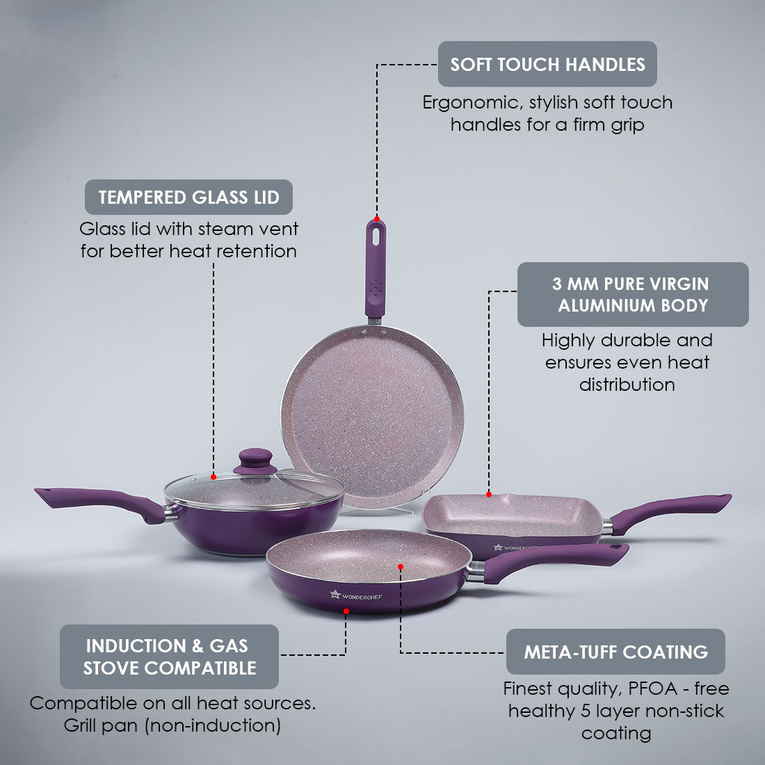 Royal Velvet Mega Aluminium Non-stick Cookware Set, 4Pc, Purple