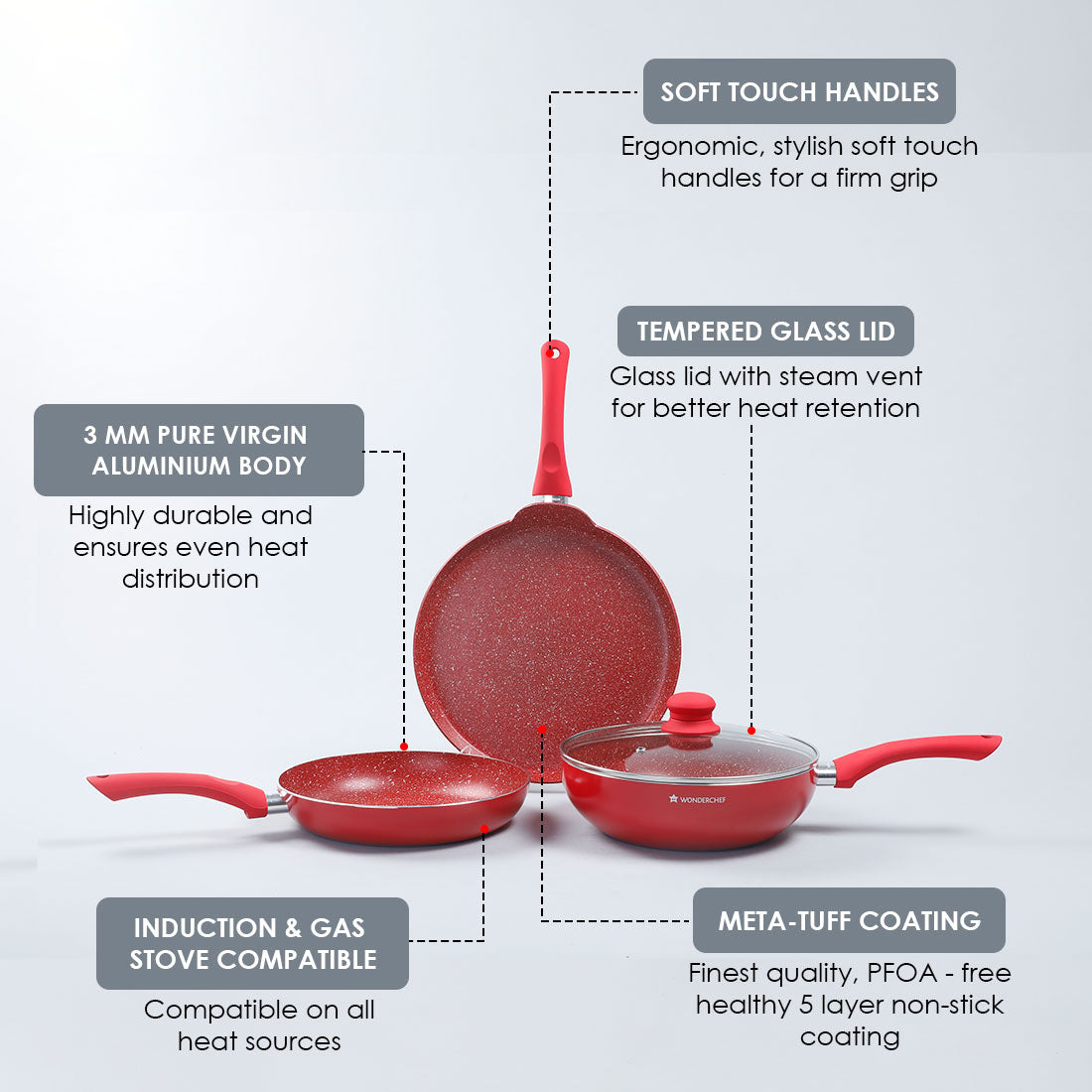 Royal Velvet Non-stick Cookware Set, 4Pc (Fry Pan with Lid, Wok, Dosa Tawa), Induction Bottom, Soft-touch Handles, Virgin Grade Aluminium, PFOA/Heavy Metals Free, 3mm, 2 Years Warranty, Red