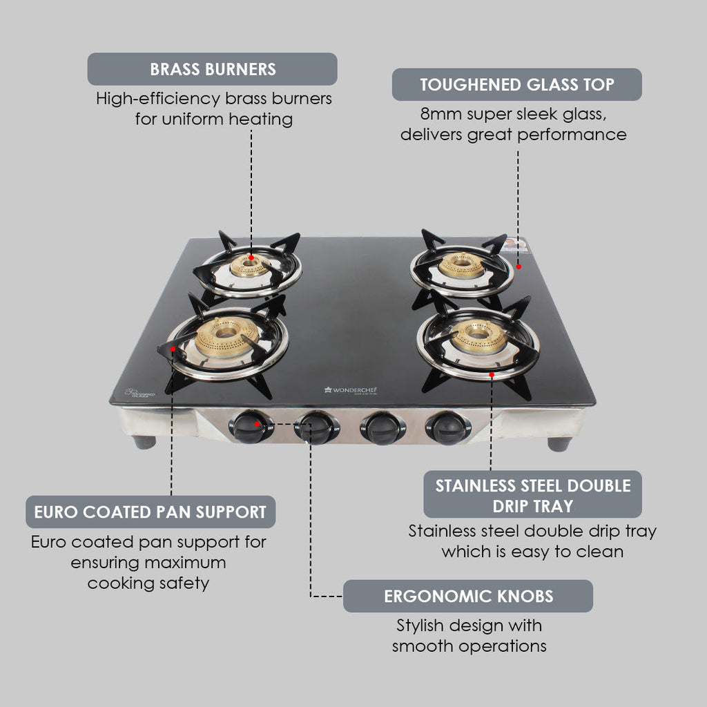 Energy 4 Burner Glass Cooktop, Black 8mm Toughened Glass  with 1 Year Warranty, Soft Touch Knobs, Efficient Brass Burners, Stainless Steel Double Drip Tray