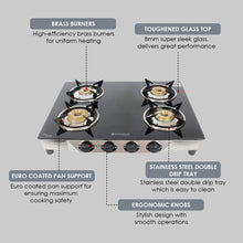 Load image into Gallery viewer, Energy 4 Burner Glass Cooktop, Black 8mm Toughened Glass  with 1 Year Warranty, Soft Touch Knobs, Efficient Brass Burners, Stainless Steel Double Drip Tray