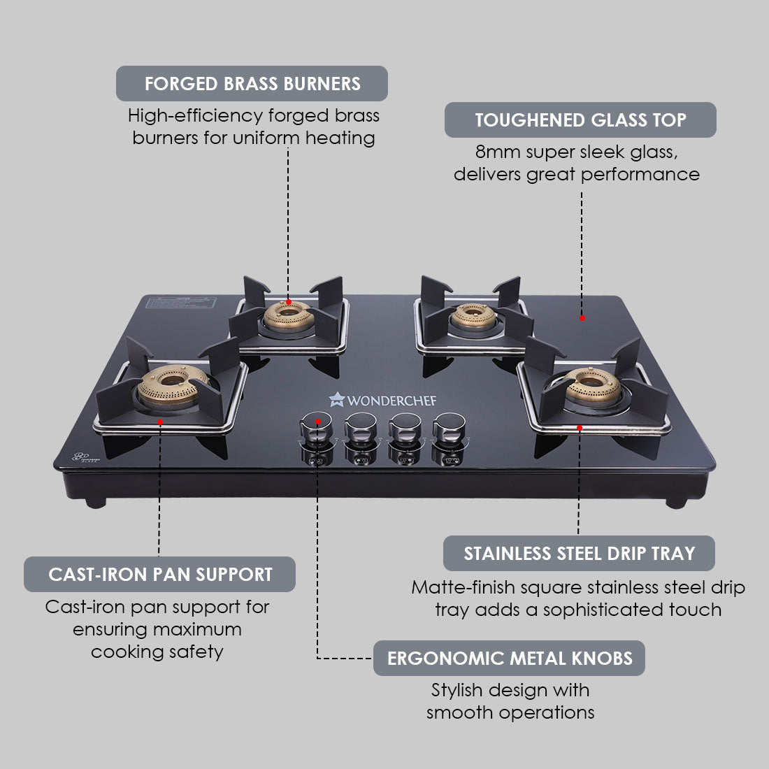 Octavia 4 Burner Glass Hob Top Cooktop, Black 8mm Toughened Glass with 2 Years Warranty, Ergonomic Knobs, Forged Brass Burners, Stainless Steel Drip Tray, Manual ignition