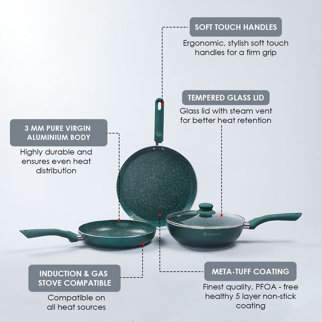 Royal Velvet Plus Non-stick Cookware Set, 4Pc (Wok with Lid, Fry Pan, Dosa Tawa), Induction Bottom, Soft Touch Handle, Pure Grade Aluminium, PFOA Free, 2 Years Warranty,  Olive Green