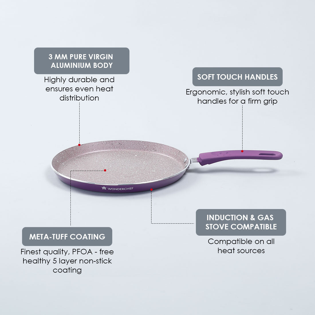 Royal Velvet Non-stick Dosa Tawa, Induction bottom, Soft-touch handle, Virgin grade aluminium, PFOA/Heavy metals free,  3mm, 25cm, 2 years warranty, Purple