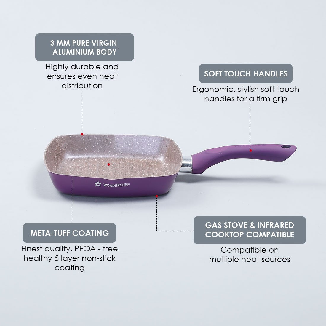 Royal Velvet Non-stick Grill Pan - 20cm, Soft-touch handles, Virgin Grade Aluminium, PFOA/Heavy metals free, 2.5mm, Purple