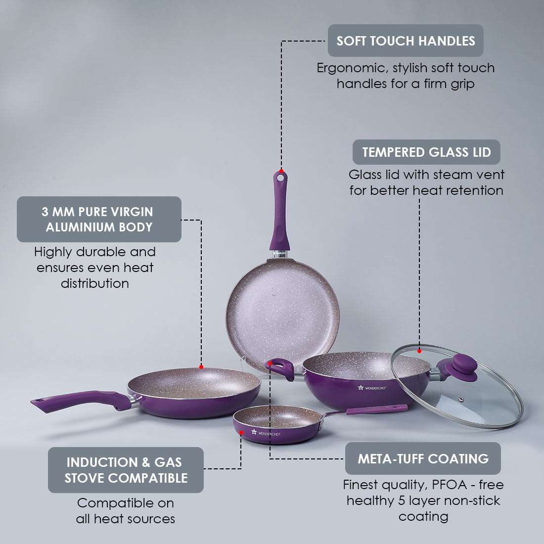 Royal Velvet Non-stick Cookware Set, 5Pc (Fry Pan with Lid, Wok, Dosa Tawa, Mini Fry Pan) Induction bottom, Soft-touch handles, Virgin Grade Aluminium, PFOA/Heavy Metals Free, 3mm, 2 Years Warranty, Purple