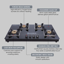 Load image into Gallery viewer, Octavia 4 Burner Glass Hob Top Cooktop, Black 8mm Toughened Glass with 2 Years Warranty, Ergonomic Knobs, Forged Brass Burners, Stainless Steel Drip Tray, Manual ignition