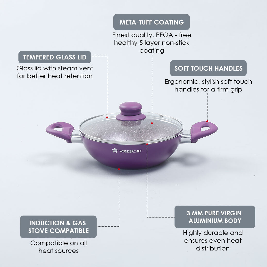 Royal Velvet Non-stick Wok with Lid, Induction bottom, Soft-touch handle, Virgin grade aluminium, PFOA/Heavy metals free, 3 mm, 2 years warranty, Purple