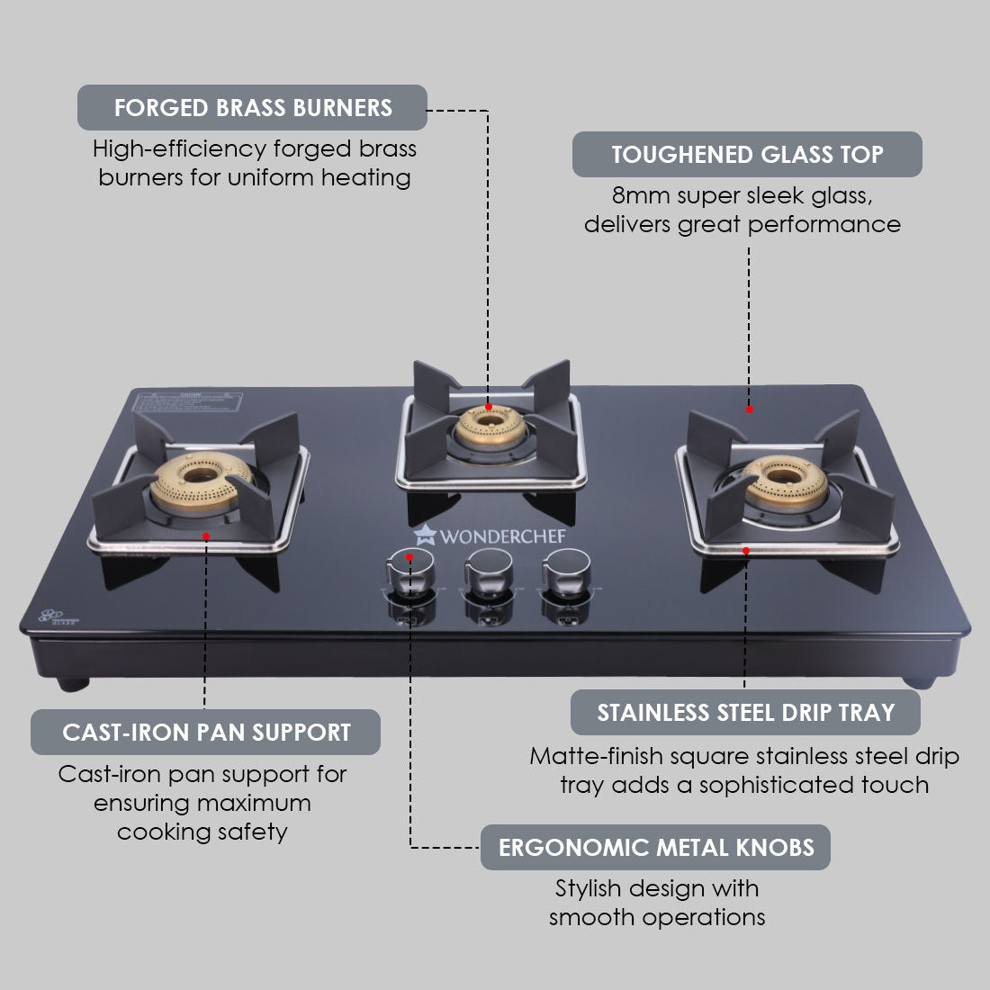 Octavia 3 Burner Glass Hob Top Cooktop, Black 8mm Toughened Glass with 2 Years Warranty, Ergonomic Knobs, Forged Brass Burners, Stainless Steel Drip Tray, Manual ignition