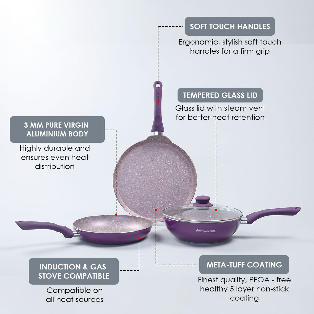 Royal Velvet Non-stick Cookware Set, 4Pc (Fry Pan with Lid, Wok, Dosa Tawa) 3mm, 2 Years Warranty, Purple