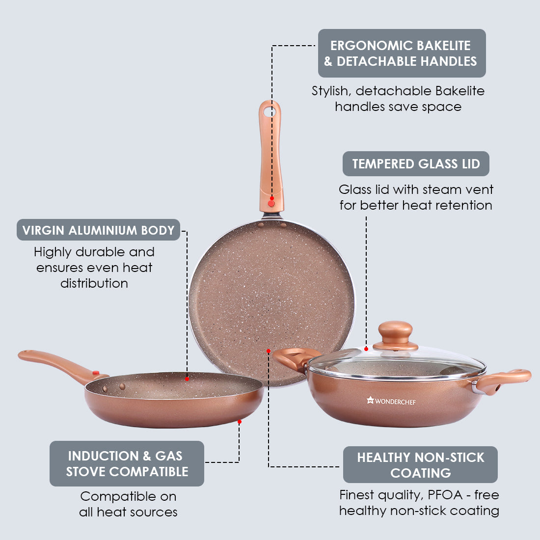 Ruby Plus Cookware Set Bronze 24 cm, Kadhai, Fry Pan, Dosa Tawa, Non-stick set of 3, Induction use, Tempered Glass Lid,