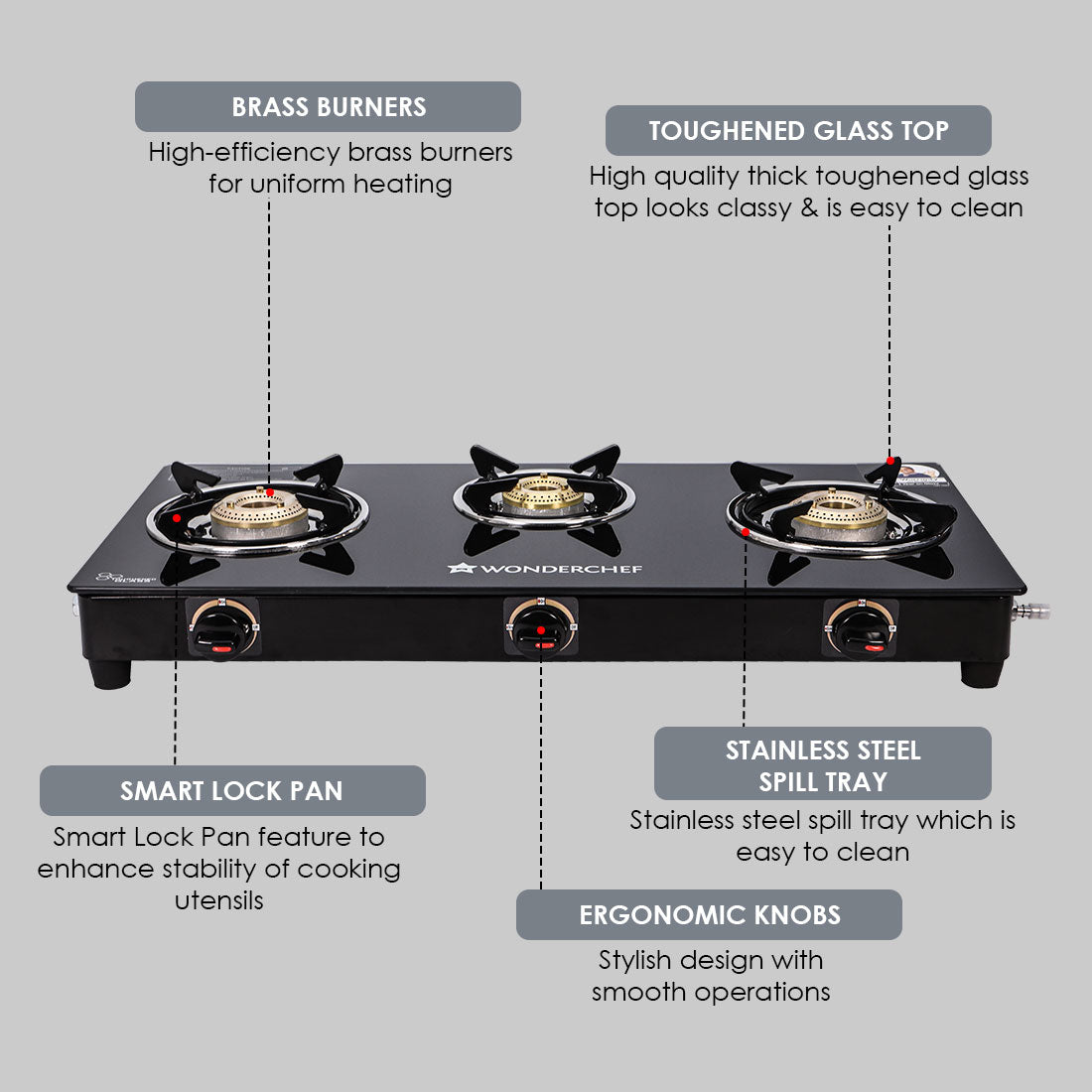 Ruby 3 Burner Glass Cooktop, Black Toughened Glass with 1 Year Warranty, Ergonomic Knobs, Heat-Efficient Brass Burners, Stainless-steel Spill Tray, Manual Ignition