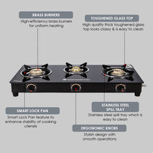 Load image into Gallery viewer, Ruby 3 Burner Glass Cooktop, Black Toughened Glass with 1 Year Warranty, Ergonomic Knobs, Heat-Efficient Brass Burners, Stainless-steel Spill Tray, Manual Ignition