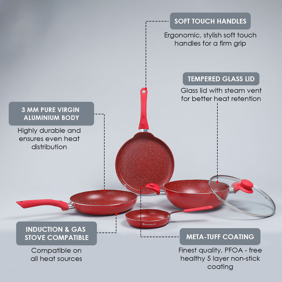 Royal Velvet Non-stick Cookware Set, 5Pc (Fry Pan with Lid, Wok, Dosa Tawa, Mini Fry Pan) Induction bottom, Soft-touch handles, Virgin Grade Aluminium, PFOA/Heavy Metals Free, 3 mm, 2 Years Warranty, Red