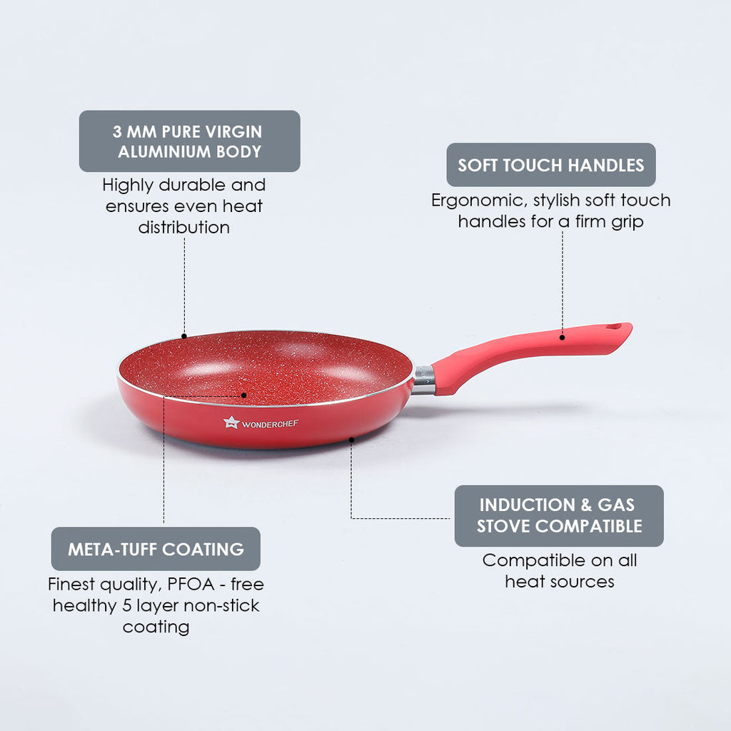 Royal Velvet Non-stick Fry Pan, Induction Bottom, Soft-Touch Handle, Pure Grade Aluminium, PFOA/Heavy Metals Free- 24cm, 1.8L, 3mm, Red