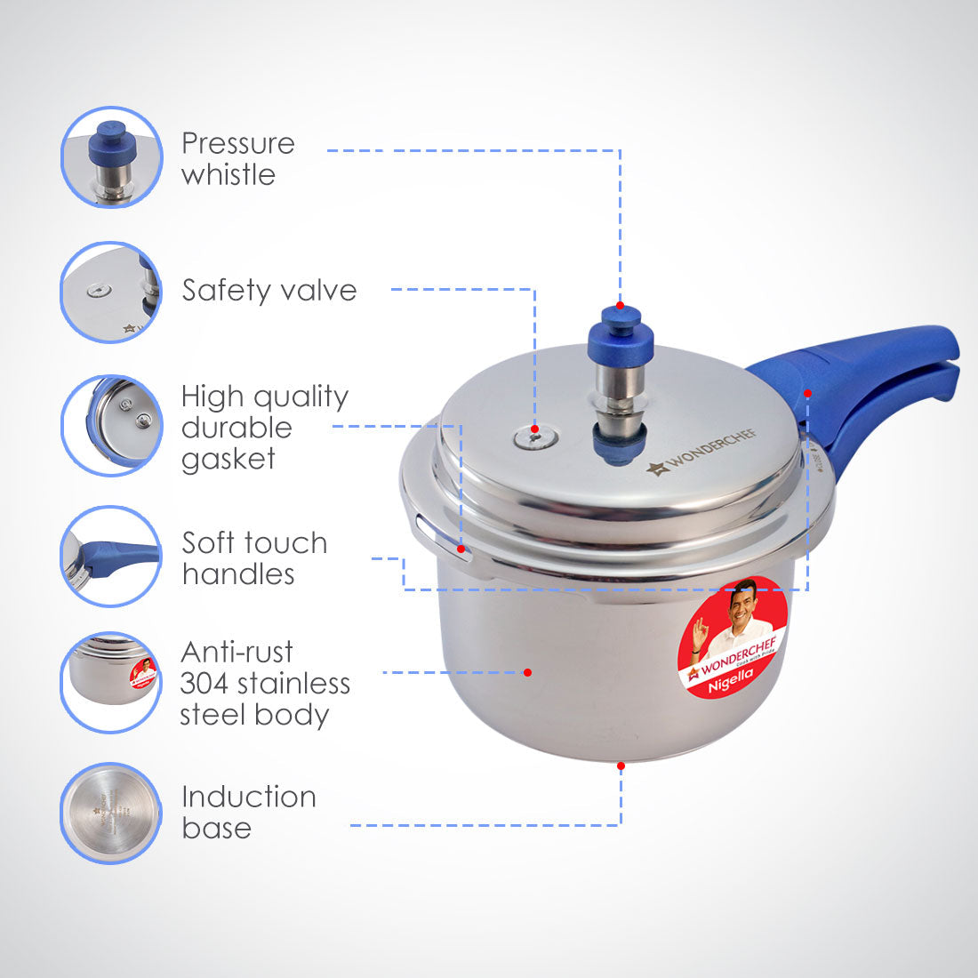 Nigella Induction Base Stainless Steel Pressure Cooker with Outer Lid Blue 2L