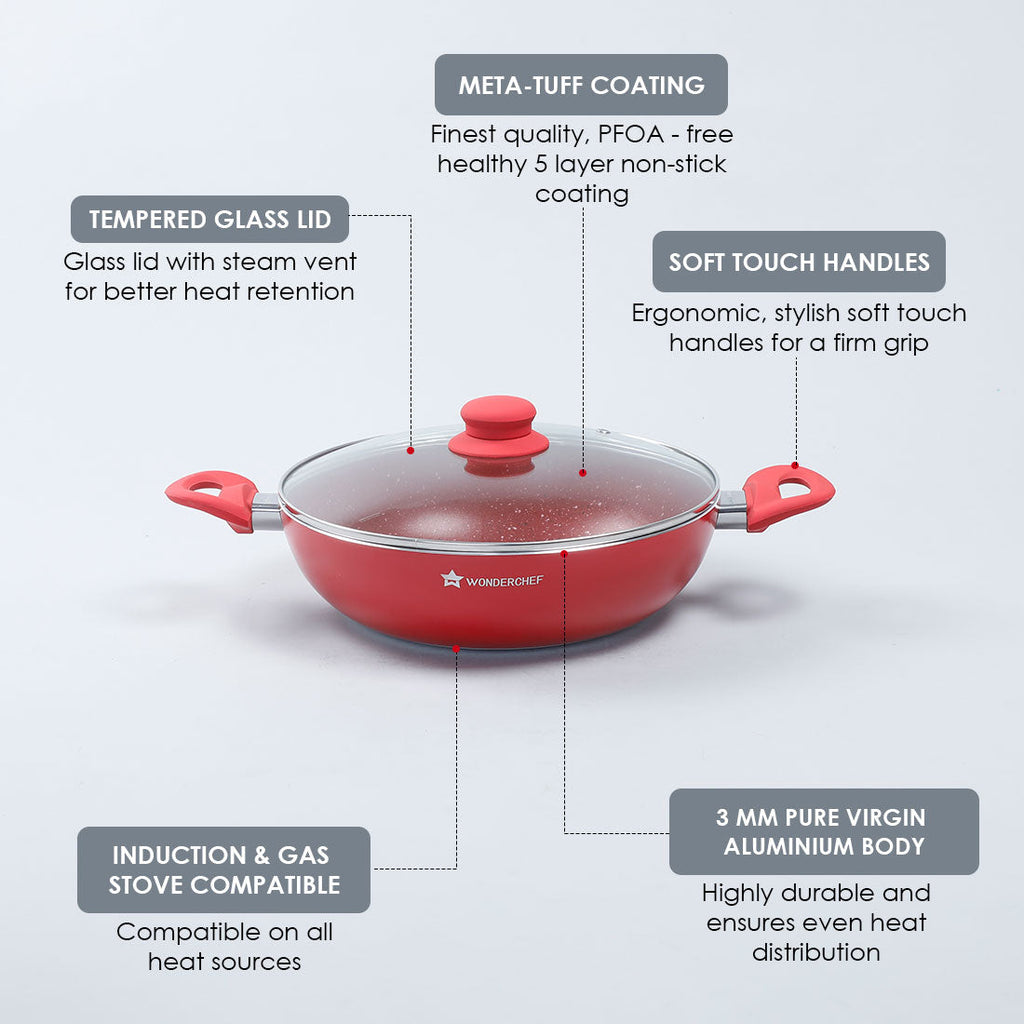 Royal Velvet Non-stick Wok with Lid, Induction bottom, Soft-touch handle, Virgin grade aluminium, PFOA/Heavy metals free, 3 mm, 24cm, 2.7 Litres, 2 years warranty, Red